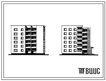 Фасады Типовой проект 117-05 Пятиэтажная блок-секция на 22 квартиры (однокомнатных-6, двухкомнатных-10, четырехкомнатных-6). Для строительства во 2 строительно-климатической зоне. Стены из кирпича.