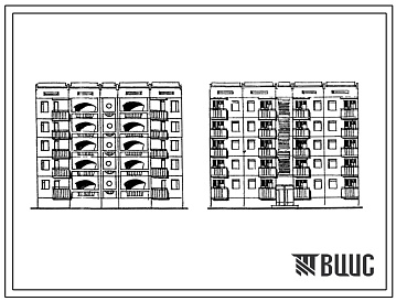 Фасады Типовой проект 135-0186с.87 Блок-секция 5-этажная 20-квартирная рядовая с торцовыми окончаниями 2-1-1-2