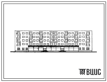 Фасады Типовой проект 1К-308В-6/68 Пятиэтажный четырехсекционный жилой дом на 56 квартир с продовольственным магазином в первом этаже (однокомнатных-8, двухкомнатных-48).