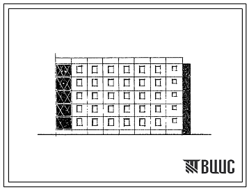 Фасады Типовой проект 105-027с Пятиэтажная блок-секция торцевая правая на 25 квартир (однокомнатных 1Б-10, двухкомнатных 2Б-10, трехкомнатных 3Б-5). Вариант с шагом поперечных стен 3,6 м. Для строительства в районах сейсмичностью 8 и 9 баллов в 3 климатическом р