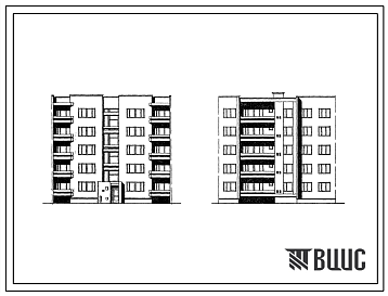 Фасады Типовой проект 89-014 Пятиэтажная рядовая с торцевым окончанием левая блок-секция на 15 квартир (однокомнатных 1Б-5, двухкомнатных 2Б-5, трехкомнатных 3А-5). Для строительства во 2В климатическом подрайоне Белорусской ССР