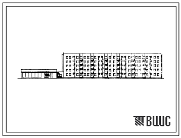 Фасады Типовой проект 114-114-18с Пятиэтажный четырехсекционный жилой дом со встроенно-пристроенным магазином на 67 квартир с продовольственным магазином (однокомнатных 1Б-11, двухкомнатных 2Б-18, трехкомнатных 3Б-29, четырехкомнатных 4А-9), вариант с промтоварн