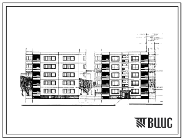 Фасады Типовой проект 99-010/1 Блок-секция пятиэтажная рядовая левая на 15 квартир (однокомнатных 1А-5, двухкомнатных 2Б-5, трехкомнатных 3А-5). Для строительства в 1В климатическом подрайоне, 2 и 3 климатических районах