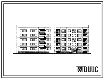 Фасады Типовой проект 99-012/1 Блок-секция пятиэтажная рядовая левая на 15 квартир (двухкомнатных 2Б-5, трехкомнатных 3Б-10). Для строительства в 1В климатическом подрайоне, 2 и 3 климатических районах