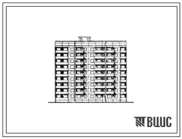 Фасады Типовой проект 94-055 Блок-секция девятиэтажная 81-квартирная рядовая, с торцевыми окончаниями, правая для малосемейных (однокомнатных 1А-27, 1Б-54).