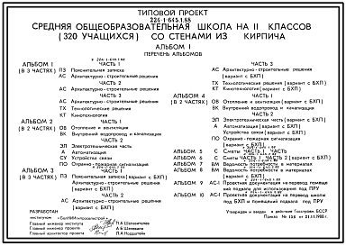 Состав Типовой проект 224-1-645.1.88 Средняя общеобразовательная школа на 11 классов (320 учащихся) со стенами из кирпича.