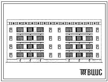Фасады Типовой проект 63-042с.13.86 Блок-секция 4-этажная 16-квартирная рядовая с торцовыми окончаниями 4Б.3Б-3А.4А (для Азербайджанской ССР)