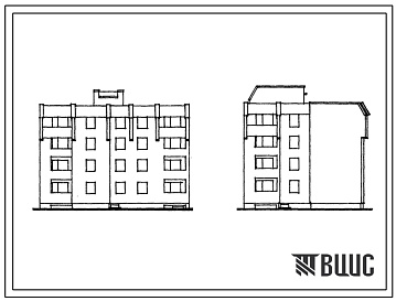 Фасады Типовой проект 1-318-0106.84 Блок-секция 4-этажная 12-квартирная угловая, с торцевыми окончаниями 1Б-2Б-3Б. Для строительства во 2В климатическом подрайоне Литовской ССР (для застройки малых городов).