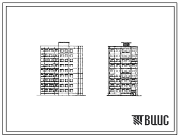 Фасады Типовой проект 83-017 Блок-секция правая поворотная под углом 900 на 36 квартир (однокомнатных 1Б-10, двухкомнатных 2Б-9, трехкомнатных 3Б-8, четырехкомнатных 4Б-9). Для строительства в 1В климатическом подрайоне, 2 и 3 климатических районах.