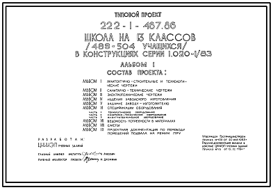 Состав Типовой проект 222-1-467.86 Школа на 13 классов (489-504 учащихся). Здание  двух-, трехэтажное. Каркас по серии 1.020-1/83.  Стены из однослойных керамзитобетонных панелей по серии 1.030.1-1.