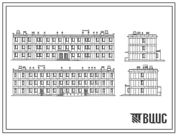Фасады Типовой проект 223-9-17-177 Интернат (спальный корпус) на 200 мест при общеобразовательной школе. Здание трехэтажное. Конструкции серии 17. Стены из крупных легкобетонных блоков.
