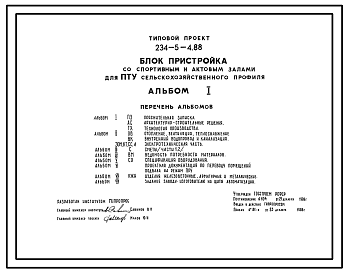 Состав Типовой проект 234-5-4.88 Блок-пристройка со спортивным и актовым залами для ПТУ сельскохозяйственного профиля