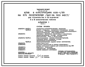 Состав Типовой проект 264-12-257.86 Клуб на 375 посетителей (зал на 300 мест). В конструкциях 1.020-1/83