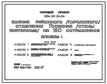 Состав Типовой проект 264-22-24.84 Здание районного (городского) отделения госбанка на 50 сотрудников (стены кирпичные). Для строительства в 1В климатическом подрайоне, 2 и 3 климатических районах.