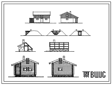 Фасады Типовой проект 194-000-57 Хозяйственные постройки :сарай для топлива, гараж для автомашины, гараж для мотоцикла, погреба полуподземные трех типов, теплицы (основной и доборные блоки), баня на 4 человека.