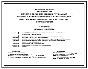 Состав Типовой проект 416-1-280.86 Сблокированный вспомогательный корпус в крупнопанельных конструкциях для мельниц мощностью 500 тонн в сутки с элеватором