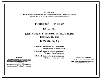 Состав Типовой проект 123-024м Блок-секция девятиэтажная 44-квартирная угловая правая 1Б.2Б.3Б.3Б.4Б.