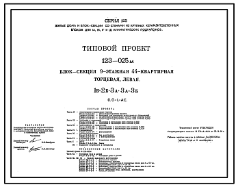 Состав Типовой проект 123-025м Блок-секция девятиэтажная 44-квартирная торцевая левая 1Б.2Б.3А.3А.3Б.