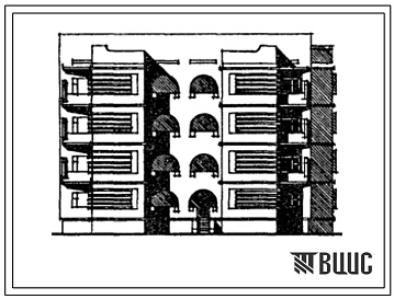 Фасады Типовой проект 155-028с.13.87 Блок-секция 4-этажная 12-квартирная угловая правая с торцевыми окончаниями 3-3-2. Для строительства в Таджикской ССР.