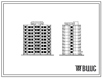 Фасады Типовой проект 111-88-10 Девятиэтажный односекционный дом на 45 квартир (однокомнатных 1Б-9, двухкомнатных 2Б-16, трехкомнатных 3Б-18). Для строительства во 2В климатическом подрайоне Белорусской ССР
