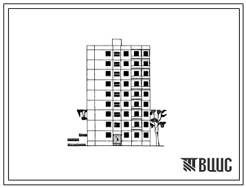 Фасады Типовой проект 1-464АС-081 Девятиэтажная торцевая блок-секция левая на 27 квартир (однокомнатных 1Б-18, пятикомнатных 5Б-9). Для строительства в 4 климатическом районе Грузинской ССР сейсмичностью 7 баллов