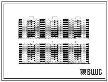 Фасады Типовой проект 1-467Д-19 Девятиэтажный шестисекционный жилой дом на 215 квартир (однокомнатных-36, двухкомнатных-71, трехкомнатных-71, четырехкомнатных-36, пятикомнатных-1).