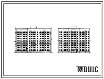 Фасады Типовой проект 124-05 Девятиэтажная блок-секция рядовая на 63 квартиры (однокомнатных-9, двухкомнатных-36, трехкомнатных-18). Для строительства во 2 строительно-климатической зоне РСФСР. Стены из кирпича.