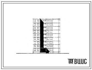 Фасады 82-05/1 Девятиэтажная блок-секция торцовая левая с торцовыми окончаниями на 36 квартир (двухкомнатных 2Б-18; трехкомнатных 3А-9; четырехкомнатных 4А-9) с шагом поперечных стен 6,0 м для строительства в IВ климатическом подрайоне, II и III климатических ра