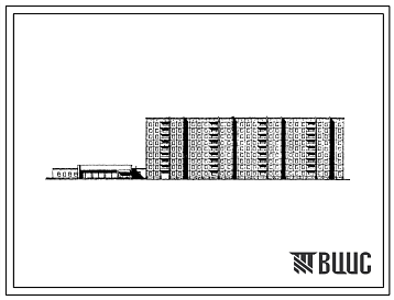Фасады Типовой проект 111-97-45 Девятиэтажный четырехсекционный жилой дом со встроено-пристроенными блоками магазинов на 106 квартир (двухкомнатных 2Б-35, трехкомнатных 3Б-36, четырехкомнатных 4Б-35). Для строительства в 1В климатическом подрайоне