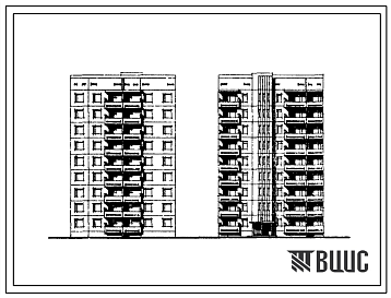 Фасады Типовой проект 135-0123с/1 Девятиэтажная 18-квартирная рядовая блок-секция левая ( трехкомнатных 3А — 9, четырехкомнатных 4Б — 9).  Для строительства в IV климатическом районе сейсмичностью 7 и 8 баллов.