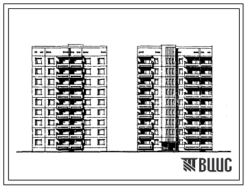 Фасады Типовой проект 135-0124с/1 Девятиэтажная 18-квартирная рядовая блок-секция правая ( трехкомнатных 3А — 9, четырехкомнатных 4Б — 9).  Для строительства в IV климатическом районе сейсмичностью 7 и 8 баллов.