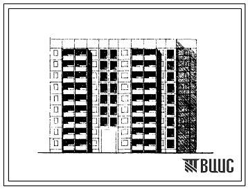 Фасады Типовой проект 105-038с/1 Блок-секция девятиэтажная 72-квартирная (двухкомнатных 2Б — 31, трехкомнатных 3Б — 9, четырехкомнатных 4Б — 32) с проездом (угловая правая). Для строительства в районах чейсмичностью 8 баллов.