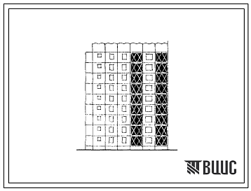 Фасады Типовой проект 105-040с/1 Блок-секция девятиэтажная 27-квартирная торцовая левая (однокомнатных 1Б — 9, двухкомнатных 2Б — 9, четырехкомнатных 4Б — 9). Вариант с шагом поперечных стен 3,6 м. Для строительства в III климатическом районе Киргизской ССР сейс
