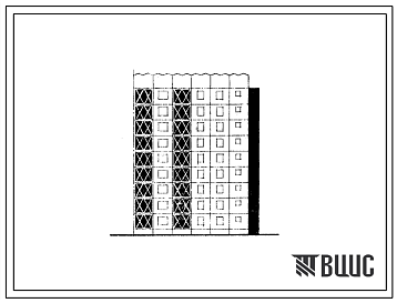 Фасады Типовой проект 105-041с/1 Блок-секция девятиэтажная 27-квартирная торцовая правая (однокомнатных 1Б — 9, двухкомнатных 2Б — 9, четырехкомнатных 4Б — 9). Вариант с шагом поперечных стен 3,6 м. Для строительства в III климатическом районе Киргизской ССР сей