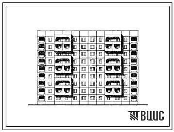 Фасады Типовой проект 105-091с.84 Блок-секция 9-этажная 54-квартирная 3Б.2Б.2Б-2Б.2Б.3Б рядовая с торцевыми окончаниями. Для строительства во 2 климатическом районе Киргизской ССР сейсмичностью 8 баллов.
