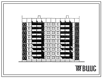 Фасады Типовой проект 105-093с.84 Блок-секция 9-этажная 54-квартирная 3Б.2Б.2Б-2Б.2Б.3Б рядовая с торцевыми окончаниями. Для строительства в 3 климатическом районе Киргизской ССР сейсмичностью 9 баллов.