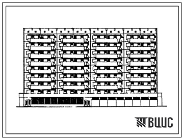 Фасады Типовой проект 111-173-7с.84 9-этажный 64-квартирный 4-секционный дом со встроенными помещениями (магазин «Промтовары»). Для строительства в 4Б климатическом подрайоне Азербайджанской ССР сейсмичностью 7 баллов.