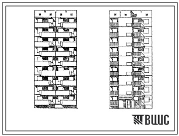 Фасады Типовой проект 173-012с.84 Блок-секция 9-этажная 18-квартирная рядовая 3Б-2Б. Для строительства в 4Б климатическом подрайоне Азербайджанской ССР сейсмичностью 7 баллов.