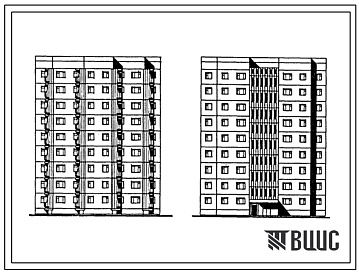 Фасады Типовой проект 93-043.85 Блок-секция рядовая 9-этажная 36-квартирная. Для строительства во 2А климатическом подрайоне (Мурманская область).