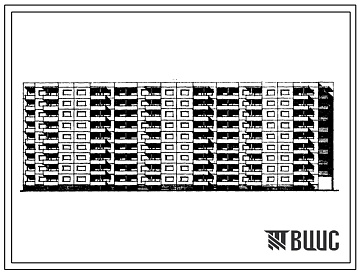Фасады Типовой проект 111-120В-34/1 Девятиэтажный трехсекционный дом на 107 квартир (однокомнатных 1Б-9, двухкомнатных 2Б-44, трехкомнатных 3А-8, 3Б-36, четырехкомнатных 4Б-10). Для строительства во 2В климатическом подрайоне Литовской ССР