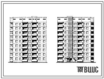 Фасады Типовой проект 135-0177с/1 Девятиэтажная блок-секция торцевая левая на 27 квартир (двухкомнатных 2Б-18, трехкомнатных 3А-9). Для строительства в 4 климатическом районе сейсмичностью 7 и 8 баллов