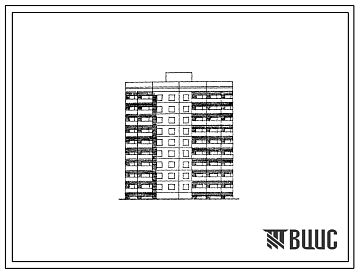 Фасады Типовой проект 96-050/1 Блок-секция 9-этажная 36-квартирная рядовая с торцевыми окончаниями (левая). Для строительства во 2В климатическом подрайоне г.Ворошиловграда с обычными геологическими условиями (с конструктивным вариантом строительства на подрабат