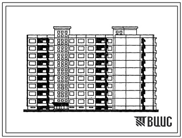 Фасады Типовой проект 111-120-34/1.2 Дом девятиэтажный трехсекционный 81-квартирный угловой. Для строительства в г.Каунасе Литовской ССР.