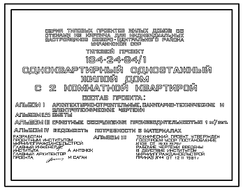 Состав Типовой проект 184-24-84/1 Одноэтажный жилой дом с двухкомнатной квартирой для индивидуальных застройщиков. Для строительства во 2 и 3 климатических районах Украинской ССР