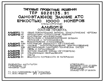 Состав Типовой проект 602-0135.91 Одноэтажное здание АТС емкостью 10 тыс. номеров (стены кирпичные)