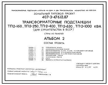 Состав Типовой проект 407-3-476.13.87 Трансформаторные подстанции ТП-2х160, ТП-2х250, ТП-2х400, ТП-2х630, ТП-2х1000 кВА. Стены из железобетонных панелей. Для Белорусской ССР