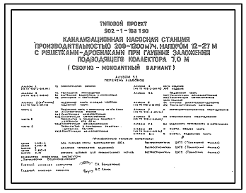 Состав Типовой проект 902-1-168.1.90 Канализационная насосная станция производительностью 200–1200 м3/ч, напором 12–27 м с решетками-дробилками при глубине заложения подводящего коллектора 7,0 м (сборно-монолитный вариант)