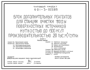 Состав Типовой проект 901-3-252.88 Блок дополнительных реагентов для станции очистки воды поверхностных источников мутностью до 1500 мг/л, производительностью 20,0 тыс. м3/сут