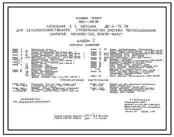 Состав Типовой проект 903-1-262.88 Котельная с 4 котлами ДЕ-4-14ГМ для сельскохозяйственного строительства. Система теплоснабжения - закрытая. Топливо - газ, резерв - мазут