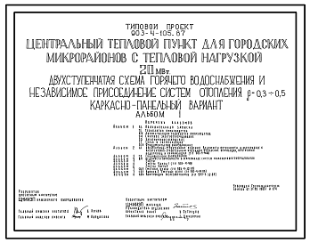 Состав Типовой проект 903-4-106.87 Центральный тепловой пункт для городских микрорайонов с тепловой нагрузкой 20 МВт. Двухступенчатая схема горячего водоснабжения и зависимое присоединение систем отопления ?=0,3+0,5 (кирпичный вариант)